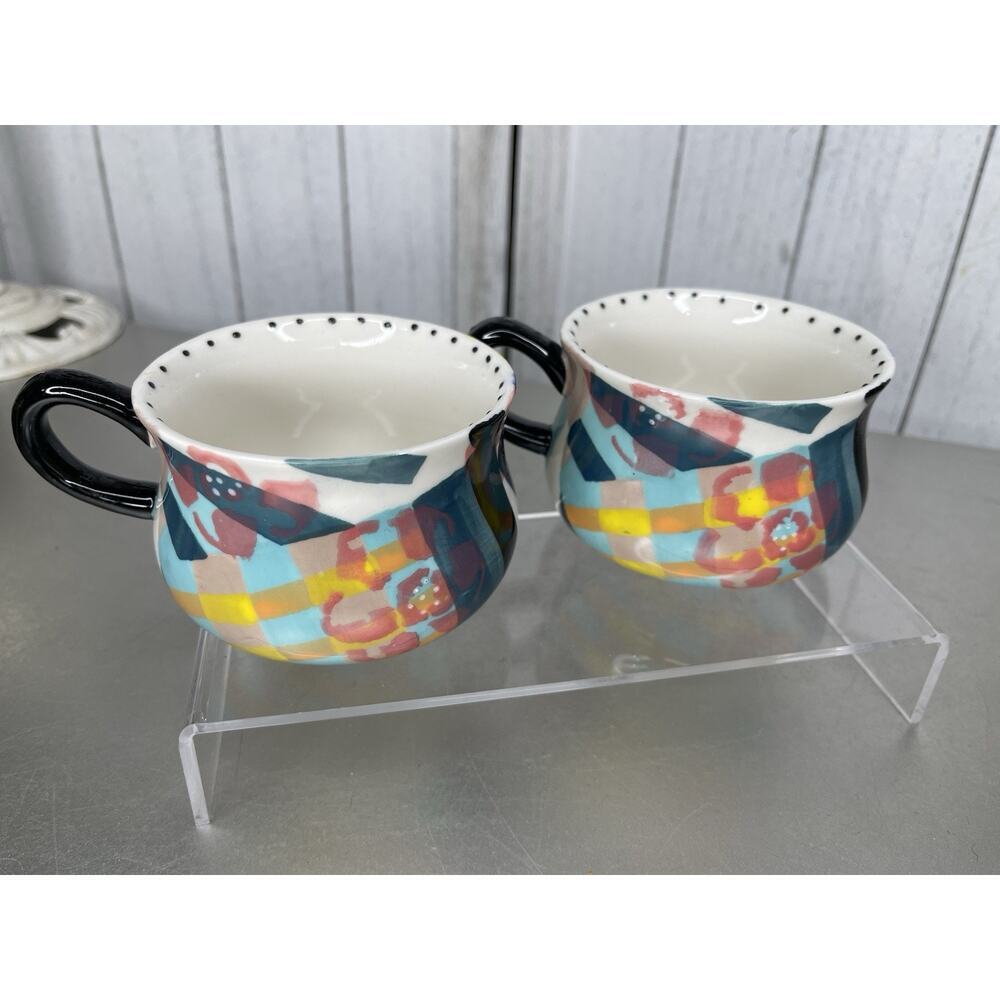 Anthropologie Coffee Tea Mug Ceramic KINETIC STENCIL Dots Abstract Set Of 2